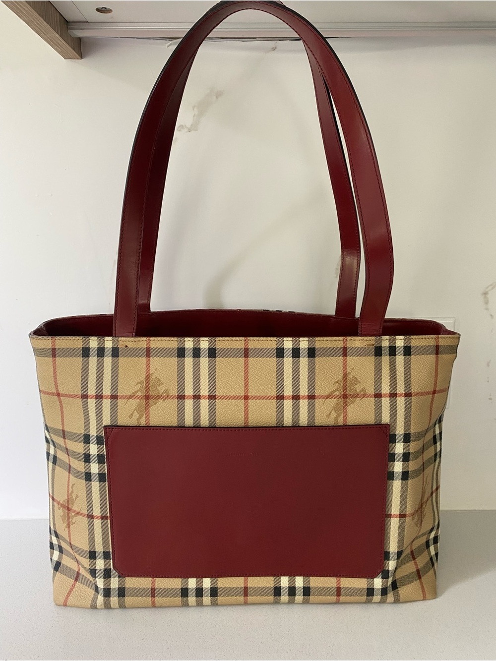 Burberry Haymarket Check Tote with Leather Trim